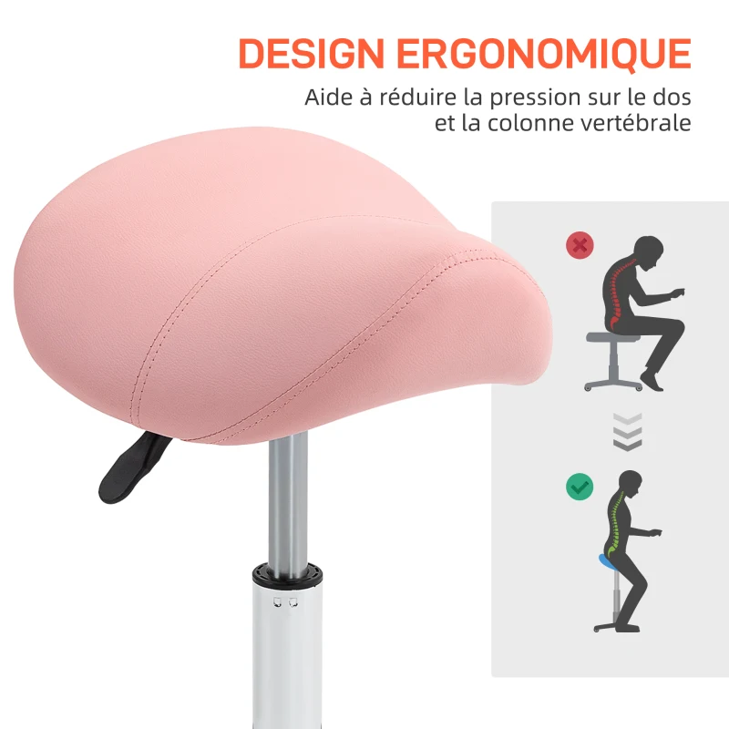 HOMCOM Tabouret à roulettes, chaise de travail avec hauteur réglable 49-61 cm et selle ergonomique, 52x53x49-61cm, rose
