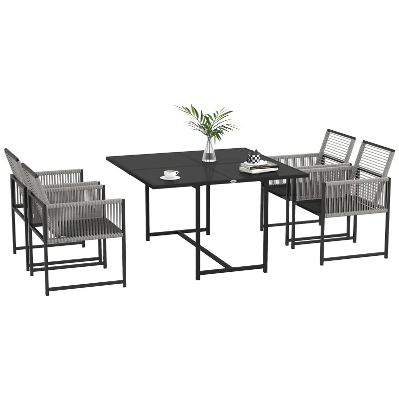 Outsunny Salon de grădină set masă și scaune cu 1 masă de dining și 4 scaune spătar pliabil tavă sticlă securizată