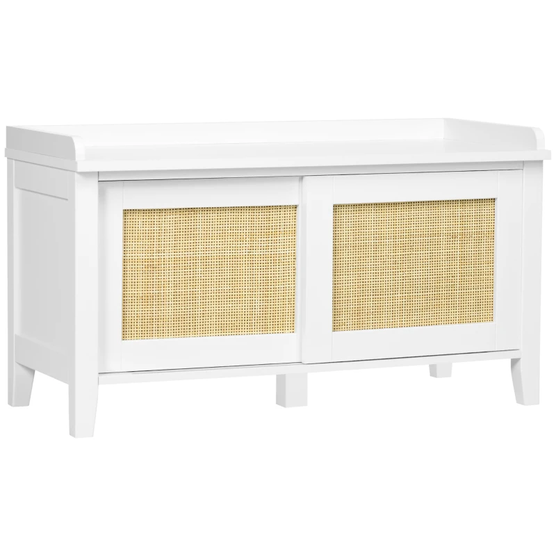 HOMCOM Banc de pantofi mobilier de depozitare cu ușă glisantă și fațade din răchită împletită 80 x 35 x 45 cm alb