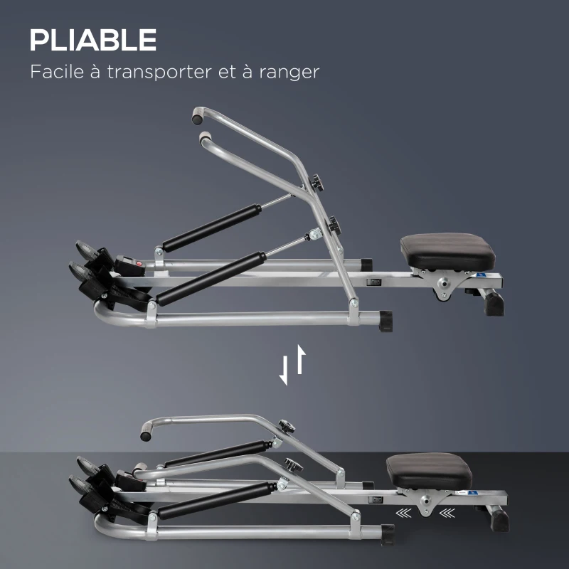 Rameur d'appartement pliable - Collaboration Aosom.fr x FFHandball - 3 niveaux de résistance écran multifonction, acier