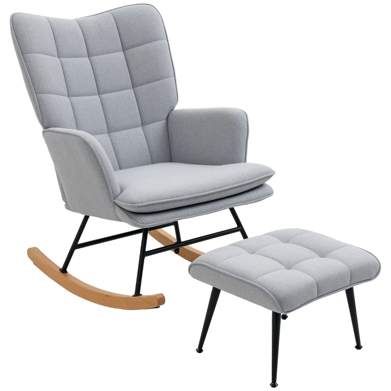 HOMCOM Fotoliu cu leagăn și otomană în design scandinav Fotoliu cu taburet, Lemn de fag, Captuseală, 64 cm x 89 cm x 90 cm Gri