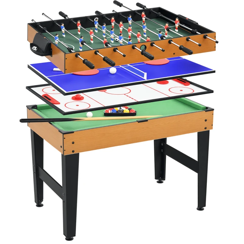 HOMCOM 4-in-1 Partyspieltisch inkl. Tischtennis, Kicker, Billard, Tischhockey, Metall, Holz, Natur+Schwarz