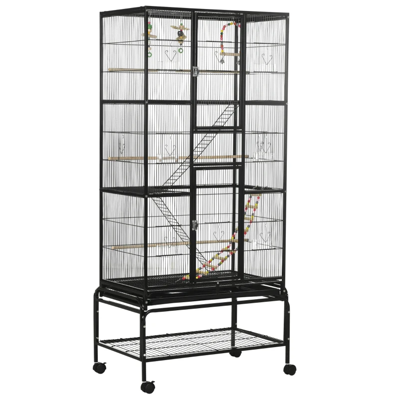 PawHut Jaula para Pájaros con Ruedas 83x53x180 cm Pajarera Metálica de 3 Niveles con 3 Perchas Comederos Juguetes Rampas Negro