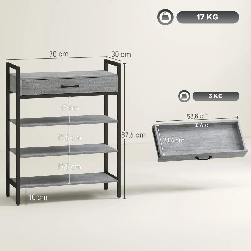 HOMCOM Étagère à chaussures de 4 niveaux, Étagère de hall pour jusqu'à 9 paires de chaussures, Panneau de particules, Métal, Gris