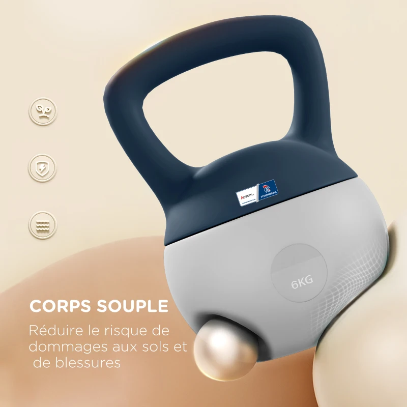 Kettlebell 6kg - Collaboration Aosom.fr x FFHandball - haltère avec poignée antidérapante, gris et bleu