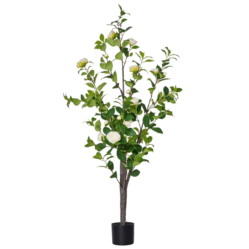 HOMCOM Árbol de Camelia Artificial 150 cm con Maceta de Cemento Hojas Realistas y Flores de Tela Planta Sintética Decoración para Hogar Oficina Interior Verde