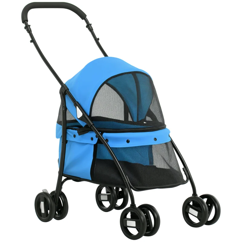 PawHut Passeggino per Cani Pieghevole con Tettuccio Regolabile e Ruote Girevoli, 82x47x97cm, Blu