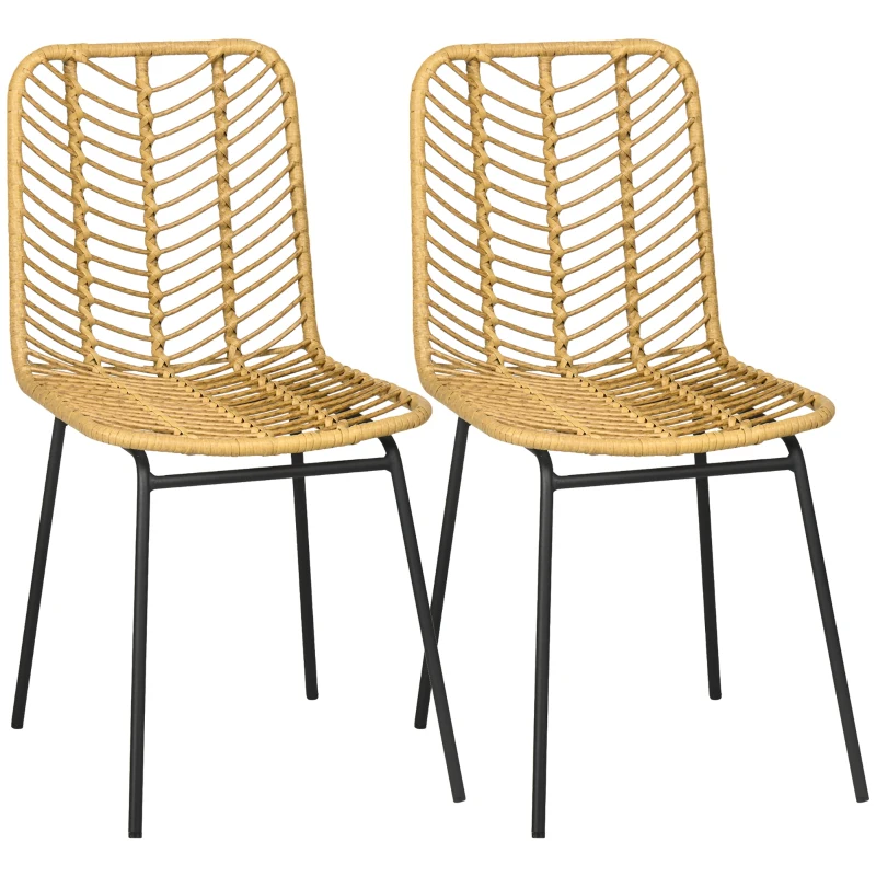 HOMCOM Set de 2 scaune de dining design boem din rășină impletită și picioare metal 44 x 58 x 85 cm galben