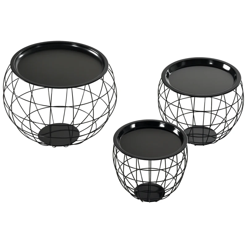 HOMCOM Set 3 Tavolini da Caffè Rotondi con Funzione Contenitore, Design a Griglia in Acciaio Nero, per Salotto o Ufficio