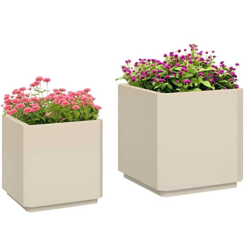 Outsunny Set da 2 Vasi da Giardino Quadrati Impilabili per Esterno e Interno, Beige