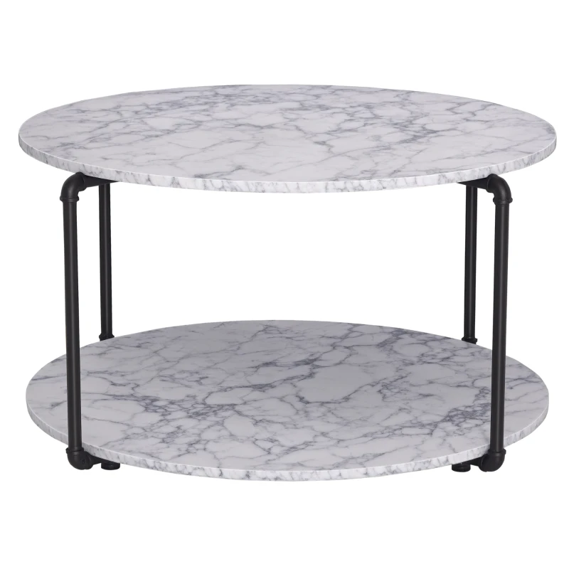 HOMCOM Table Basse Ronde avec étagère dim. Ø 80 x 45H cm Panneaux Particules Imitation marbre Blanc métal Noir