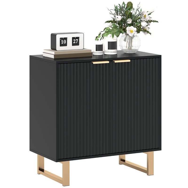 HOMCOM Bufet salon mobilier de depozitare stil modern cu dulap cu 2 uși canelate, raft ajustabil, picioare metalice, negru
