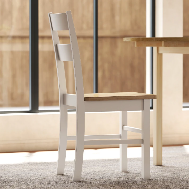 HOMCOM Ensemble de 2 chaises de cuisine, Bois de caoutchouc, Patins de pied, dossier légèrement incurvé, Blanc