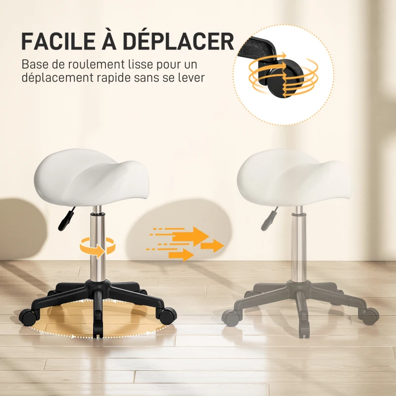HOMCOM Tabouret à roulettes, chaise de travail avec hauteur réglable 45-57 cm et selle ergonomique, 48x47x45-57cm, blanc