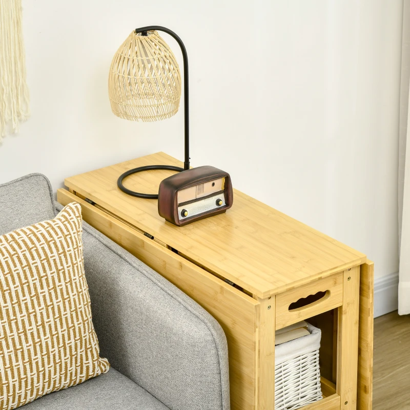 HOMCOM Masă Pliabilă, Masă de Dining, două laturi pliabile, două rafturi, picioare reglabile, bambus, 149,5 x 80 x 73,5 cm