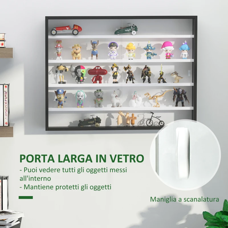HOMCOM Vetrina Espositiva da Parete a 4 Ripiani Regolabili, Vetrinetta per Collezionismo, Bacheca Espositore a Muro per Oggetti da Collezione, in Vetro e Truciolato, 80x9.5x60 cm, Nero e Bianco