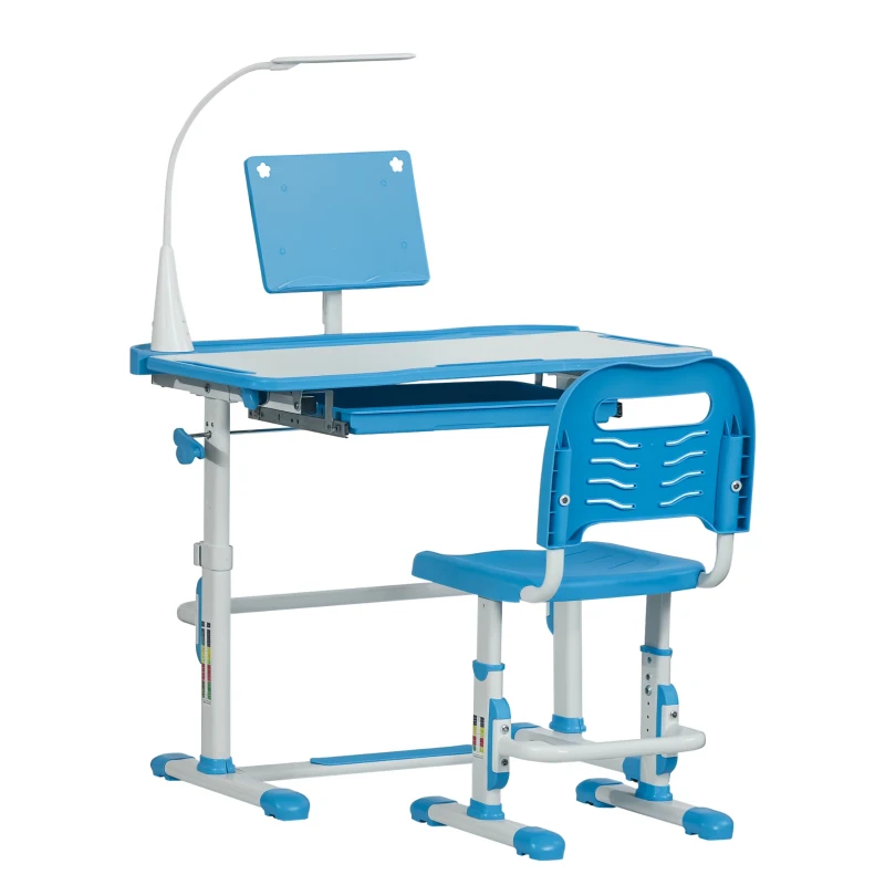 HOMCOM Conjunto de Secretária e Cadeira para Crianças com Altura Ajustável Lâmpada LED 80x49,5x80-105 cm e 36x34x60-73 cm Azul