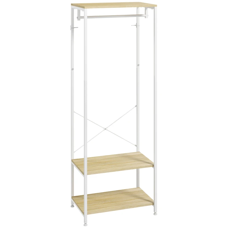 HOMCOM Portmanta cu șină și 2 rafturi pentru pantofi 60L x 40l x 167,5H cm Aspect de lemn deschis și metal alb