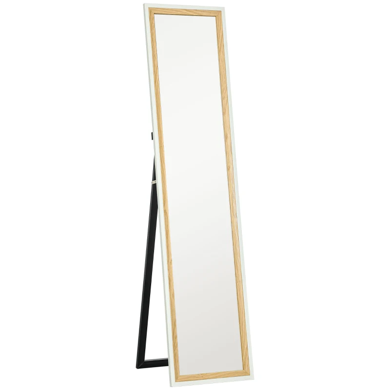 HOMCOM Espejo de Cuerpo Entero 157x37 cm Espejo de Pie o de Pared con Marco de MDF y Soporte Blanco y Natural Oscuro