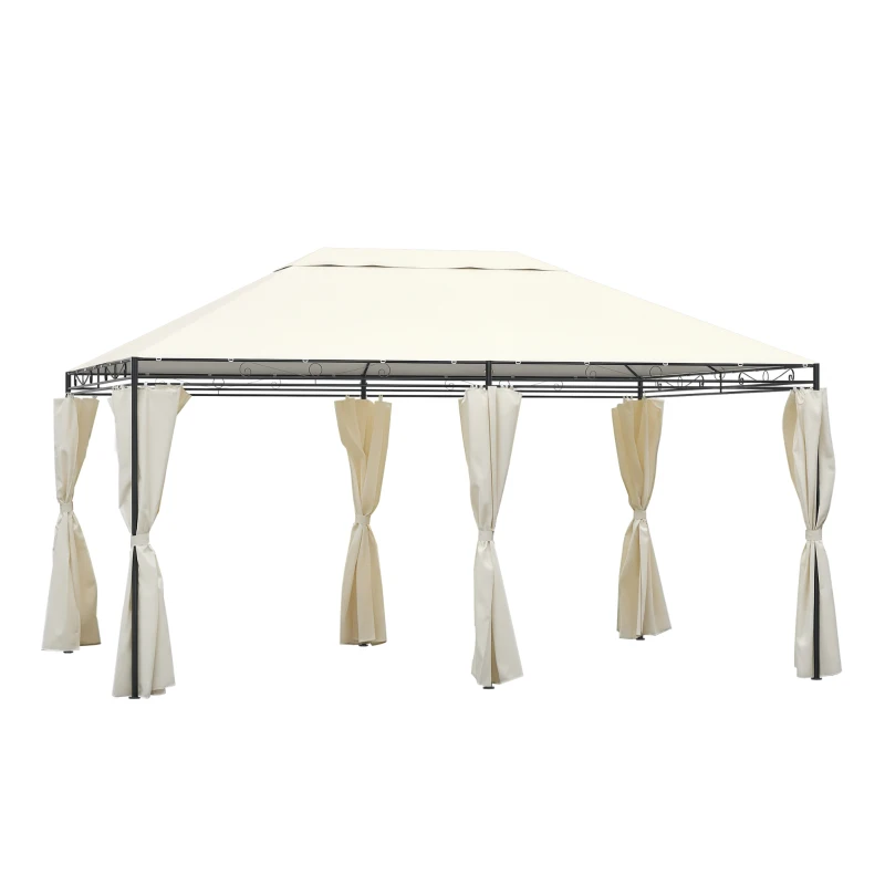 Outsunny Cenador de Jardín 4x3 m Pabellón con 4 Paredes Laterales y Techo con 12 Orificios de Drenaje Marco de Metal para Reunión Familiar Fiestas Bodas Crema