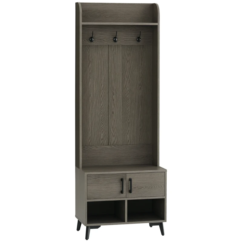 HOMCOM Meuble d'entrée vestiaire avec 3 patères 2 casiers 2 portes 1 étagère supérieure et 1 banc 60 x 34 x 170 gris