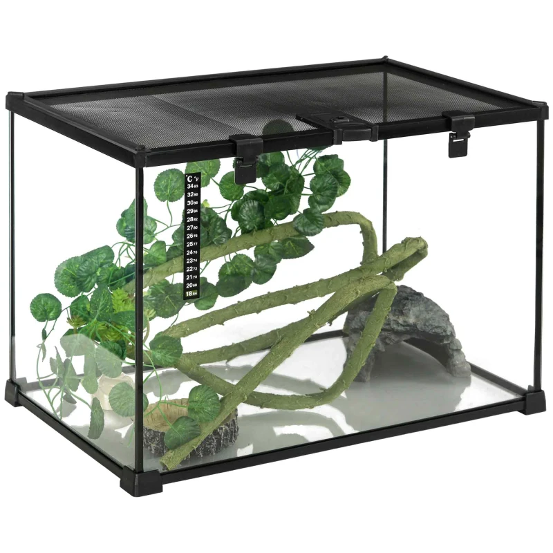 PawHut Boîte à reptiles habitat de terrarium transparent couvercle coulissant treillis métallique noir