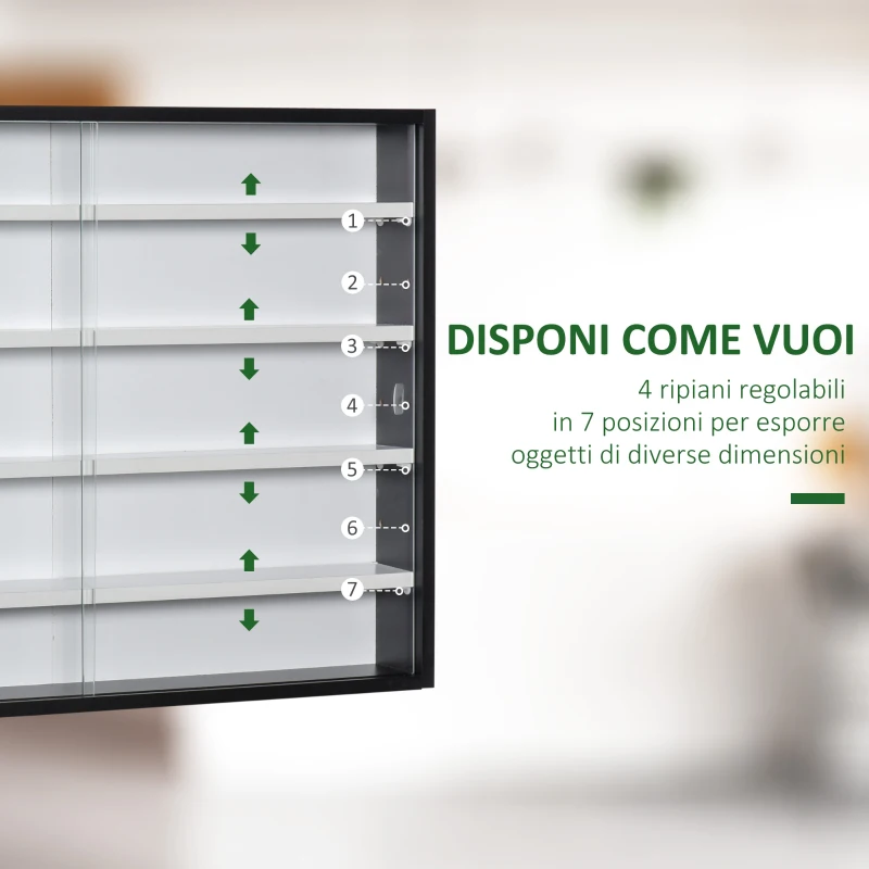 HOMCOM Vetrina Espositiva da Parete a 4 Ripiani Regolabili, Vetrinetta per Collezionismo, Bacheca Espositore a Muro per Oggetti da Collezione, in Vetro e Truciolato, 80x9.5x60 cm, Nero e Bianco