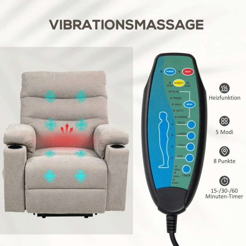 HOMCOM Massagesessel mit Aufstehfunktion, 8 Vibrationsmassagepunkte, Elektrischer Polstersessel mit 2 Fernbedienungen Hellbraun(m-5)