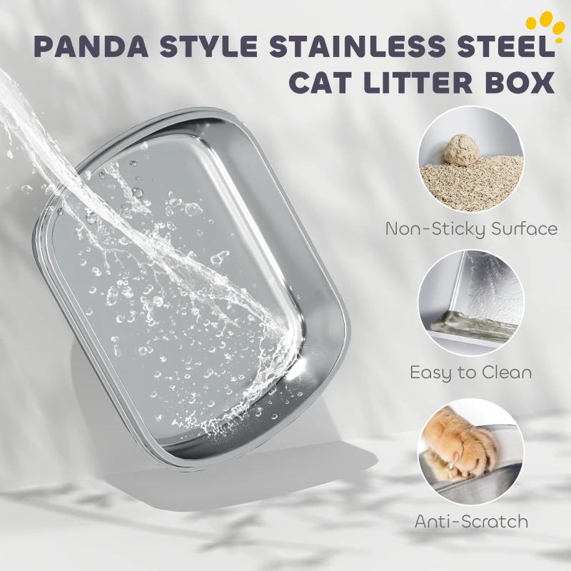 PawHut Panda Style XL Stainless Steel Cat Litter Box with Lid, Enclosed Kitty Litter Box with Scoop, 60 x 40 x 45 cm