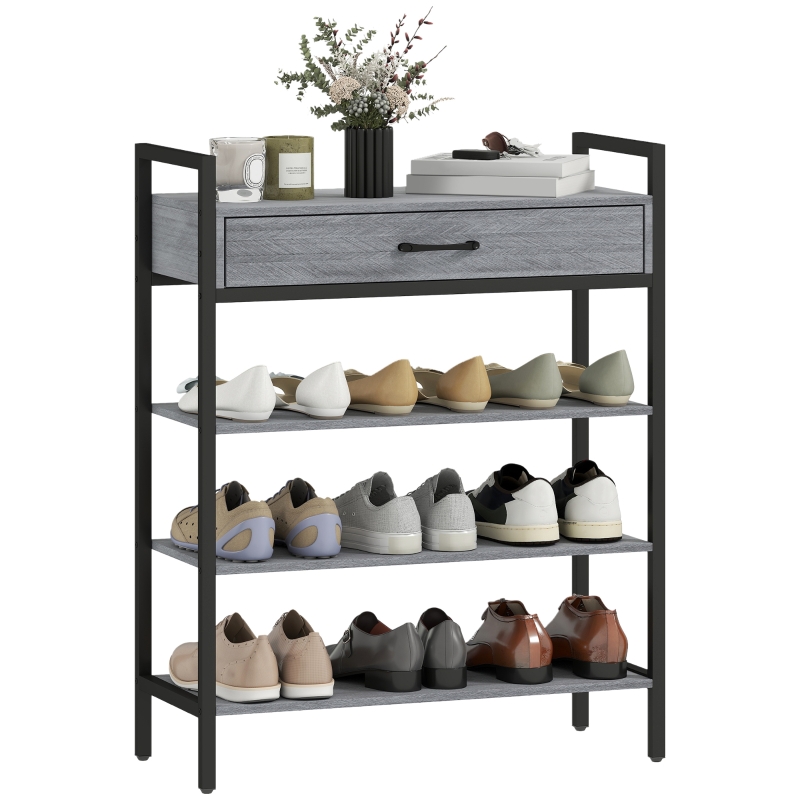 HOMCOM Porta Scarpe a 4 Livelli, Stand per Ingresso per Fino a 9 Paia di Scarpe, Pannello Truciolare, Metallo, Grigio