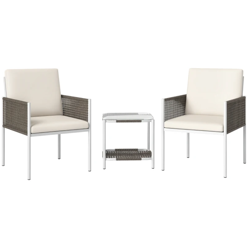 Outsunny Conjunto de Jardim de 3 Peças com 2 Cadeiras e Mesa de Vime com Almofadas e Bancada de Vidro Marrom Acinzentado e Creme