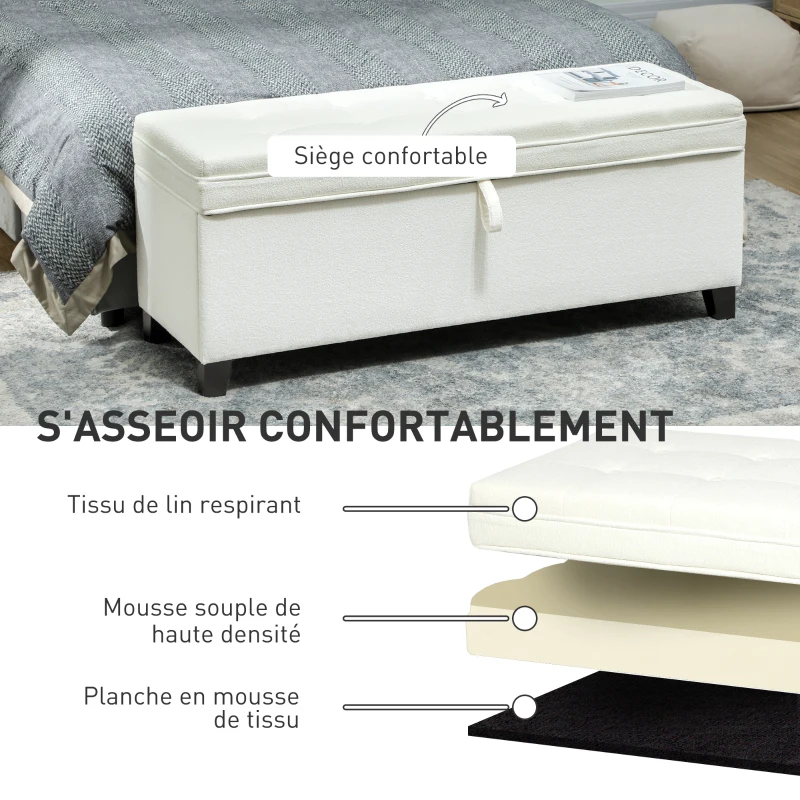 HOMCOM Banc de rangement 112L banquette bout de lit en tissu de lin, siège capitonné, 120 x 40 x 48 cm, crème
