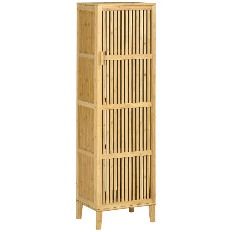 HOMCOM Mobilier de depozitare din bambus cu rafturi și ușă cu design cu lamele pentru baie, dormitor, salon 40 x 30 x 140 cm