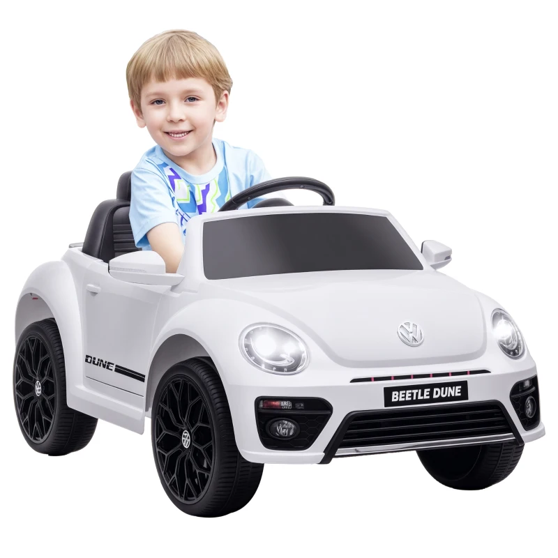AIYAPLAY Mașinuță electrică pentru copii, VW Beetle, 3-5 km/h, cu telecomandă și muzică, alb