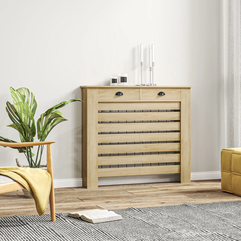HOMCOM Couvercle de radiateur cache radiateur grille à lattes horizontales avec 2 tiroirs en bois 111l x 19P x 95,5H cm chêne