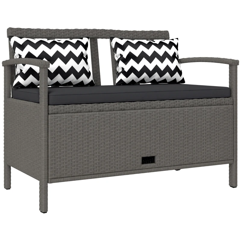 Outsunny Banc extérieur jardin 2 places banc de rangement 160L en rotin PE avec coussin 2 oreillers 112 x 62 x 82 cm gris