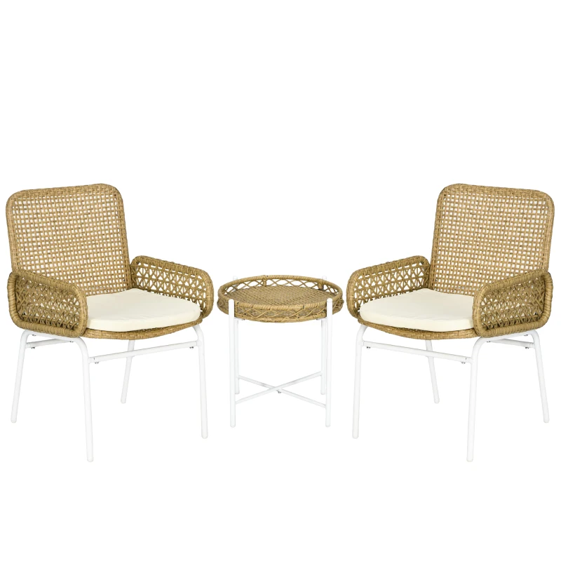 Outsunny Juego de 3 Piezas Sillas y Mesa de Ratán con 2 Sillas 1 Mesa de Centro y Cojines para Terraza Patio Natural