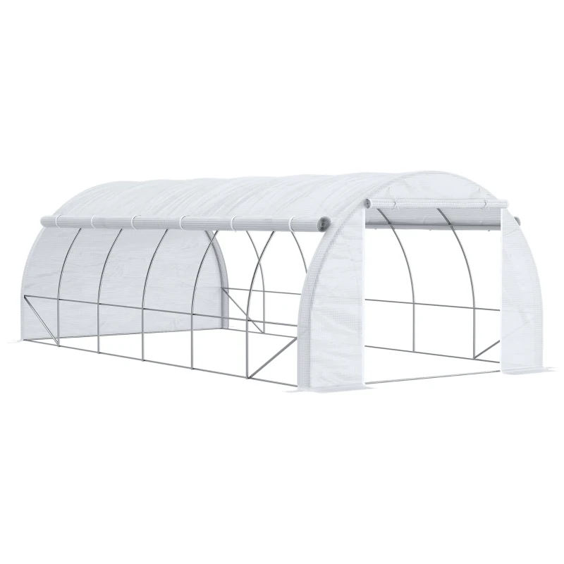 Outsunny Seră de grădină 18 m² dim. 6L x 3l x 2H m cu ușă + pereți laterali cu fermoar rulabil, 12 ferestre, structură din oțel PE cu densitate mare de 140 g/m² Anti-UV alb