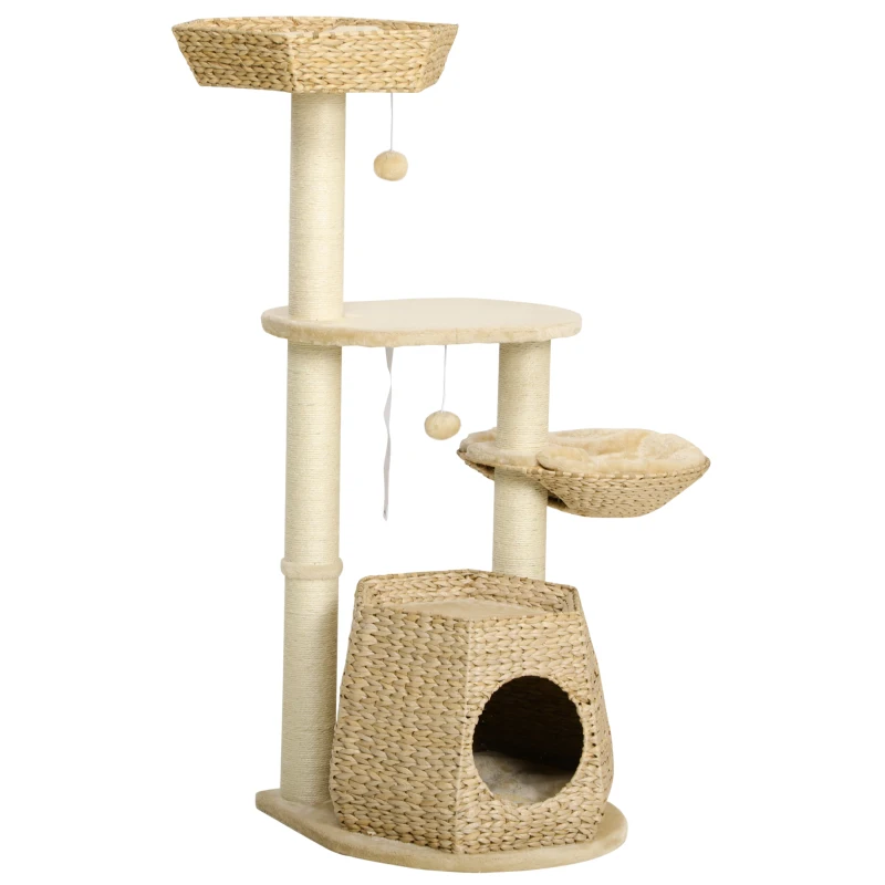 PawHut Arbre à chat arbre à grimper griffoir pour chat hauteur 119 cm colonnes renforcées avec niche hamac 2 balles suspendues