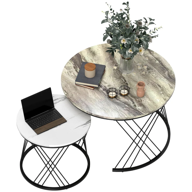 HOMCOM Lot de 2 tables basses gigognes rondes Ø 70/44,5 cm avec plateau effet marbre et pieds en métal, gris et blanc