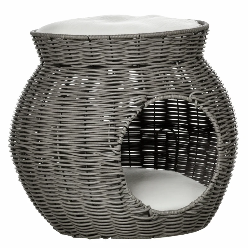 PawHut Cesta per Gatti a 2 Livelli in Rattan PE con Cuscini Lavabili in Peluche, Φ50x43.5cm