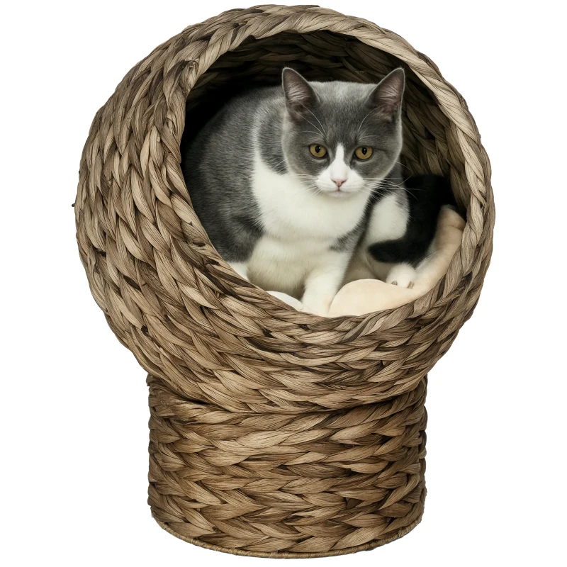 PawHut Cama para Gatos de Mimbre Cueva para Gatos Desmontable con Cojín Extraíble 40x37x51 cm Marrón Oscuro y Beige