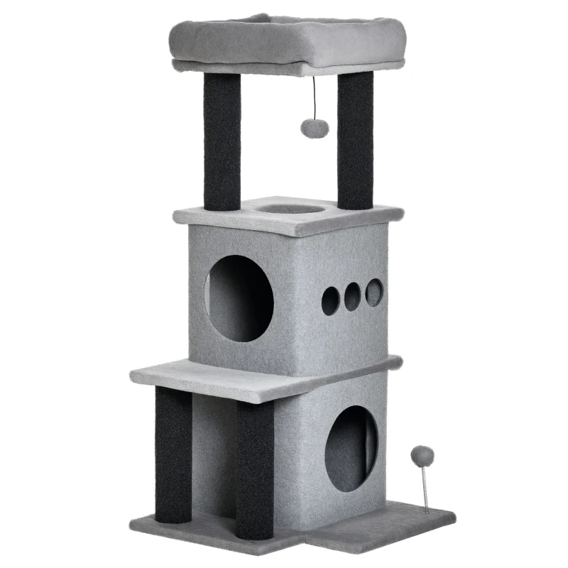 PawHut Arbre à chats design cosy chic multi-équipements centre d'activités niches plateformes lit jeu boule feutres amovibles lavables panneaux de particules peluche courte 48 x 48 x 100 cm gris