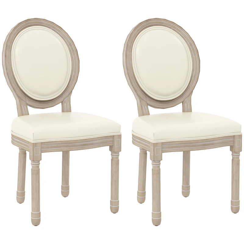 HOMCOM Set de 2 scaune de sufragerie tip medaillon în stil Louis XVI, din lemn masiv patinat, cu șezut în înveliș sintetic crem