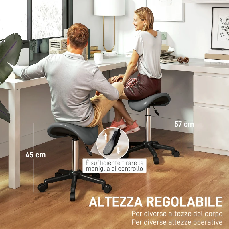 HOMCOM Sgabello Girevole a Sella con Ruote e Altezza Regolabile, Imbottito e Rivestito in Finta Pelle, Grigio