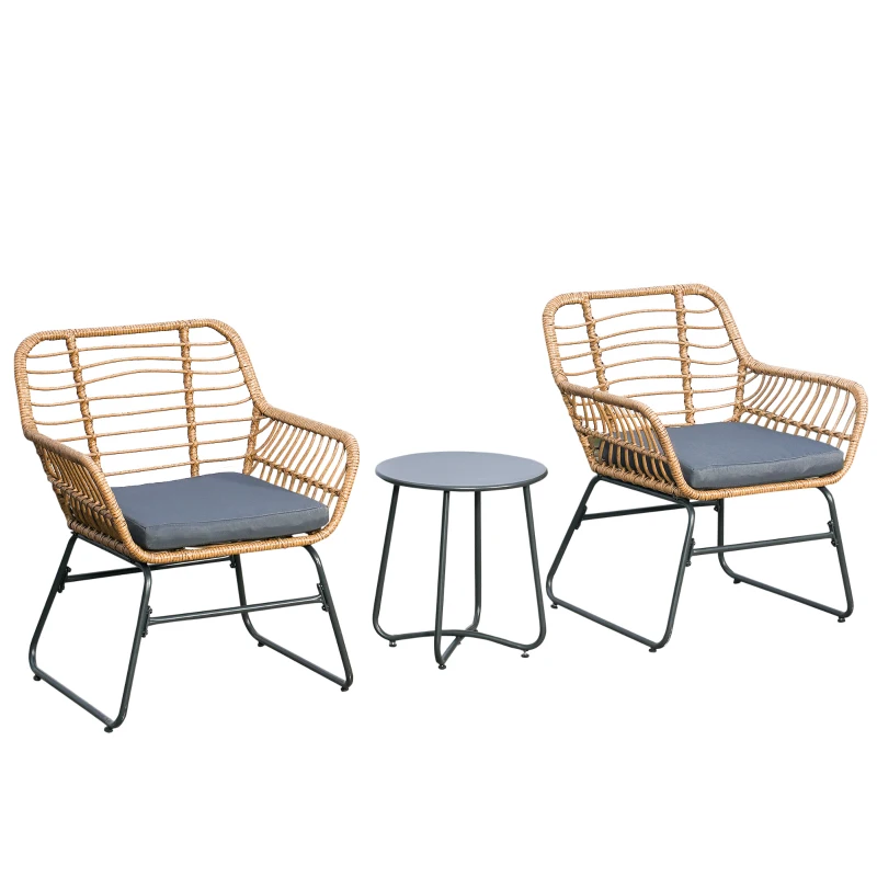 Outsunny Ensemble Bistro de Jardin 2 Places 3 pièces Style Exotique 2 fauteuils + Table Basse résine tressée Beige Acier époxy Gris
