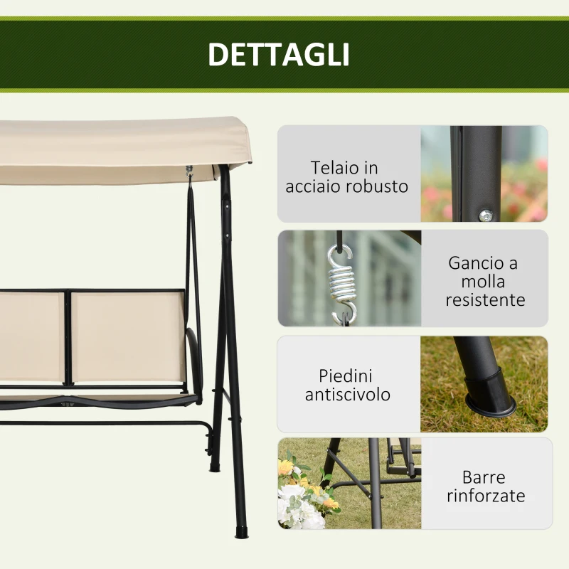 Outsunny Dondolo a 2 Posti da Giardino con Tettuccio Regolabile, 140x118x162cm Beige
