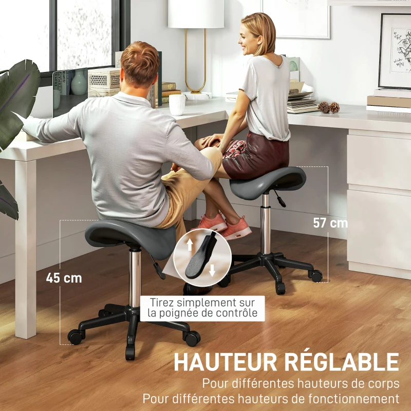 HOMCOM Tabouret à roulettes, chaise de travail avec hauteur réglable 45-57 cm et selle ergonomique, 48x47x45-57cm, gris