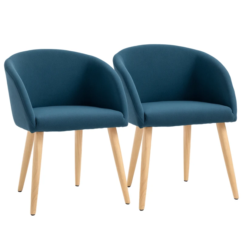 HOMCOM Lot de 2 chaises de salle à manger chaise de cuisine Design scandinave - Pieds inclinés effilés Bois Caoutchouc - Assise Dossier accoudoirs ergonomiques Aspect Lin Bleu Canard