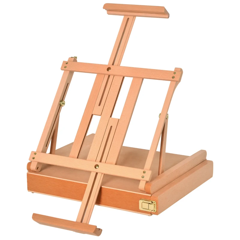 HOMCOM Șevalet din Lemn cu Sertar Inferior, Șevalet de Masă cu Înălțime și Înclinare Reglabilă, 42x36x12.5 cm, Lemn Natural